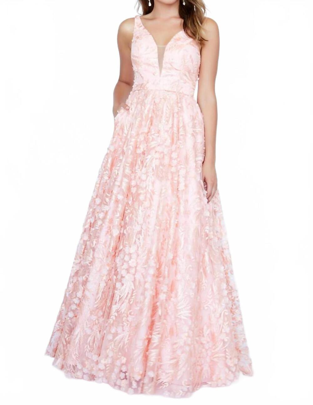 NEW JOSH & JAZZ tulle embroidery v neck prom dress in peach